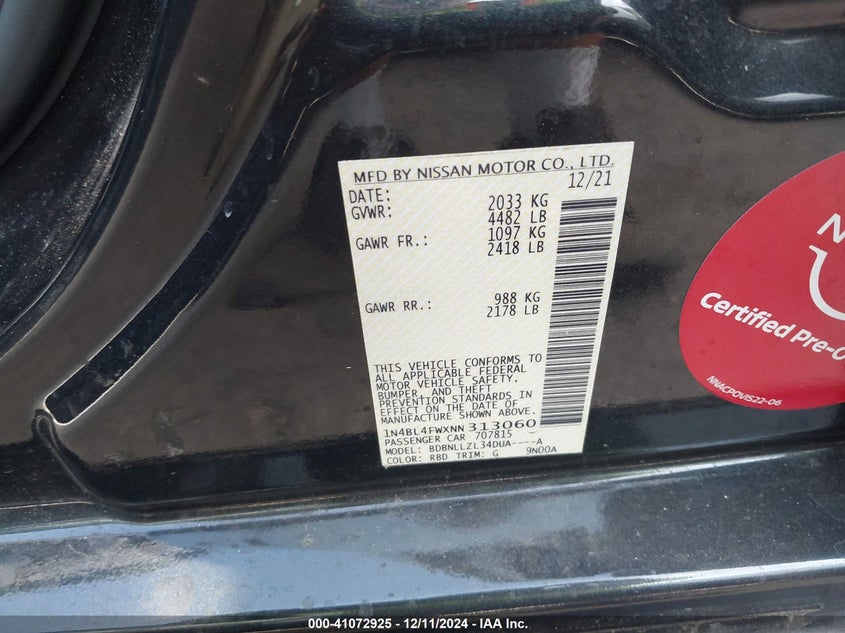 2022 NISSAN ALTIMA VIN: 1N4BL4FWXNN313060