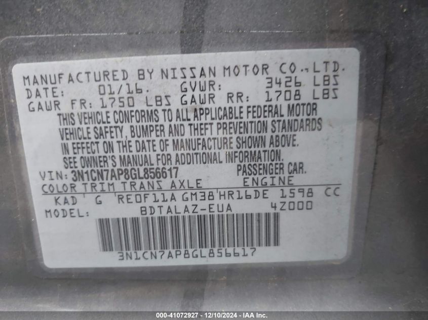 VIN 3N1CN7AP8GL856617 2016 NISSAN VERSA no.9