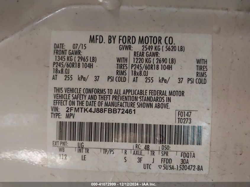 VIN 2FMTK4J88FBB72461 2015 Ford Edge, Sel no.9