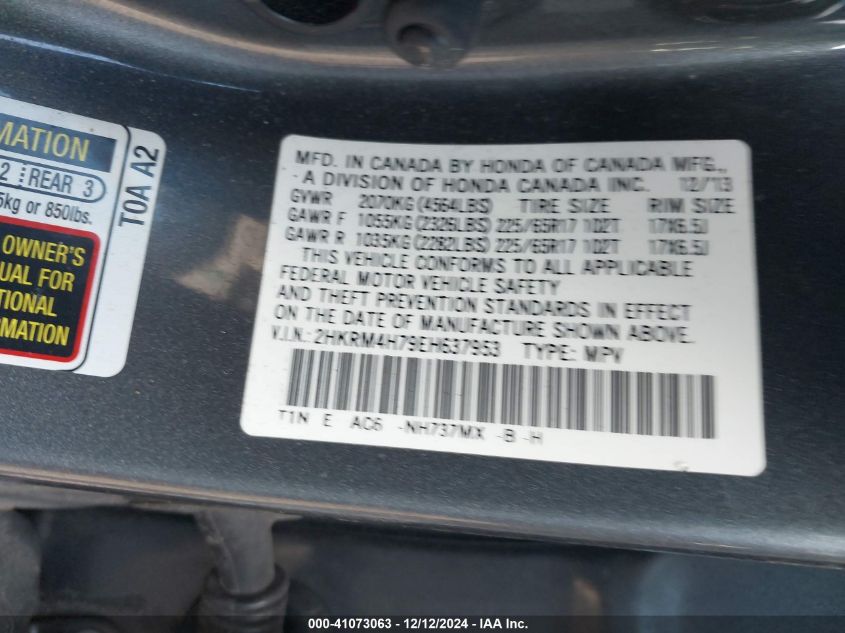 VIN 2HKRM4H79EH637953 2014 Honda CR-V, Ex-L no.9