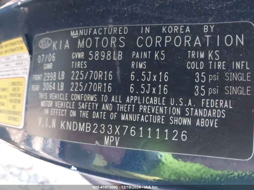 2007 Kia Sedona Lx VIN: KNDMB233X76111126 Lot: 41073080