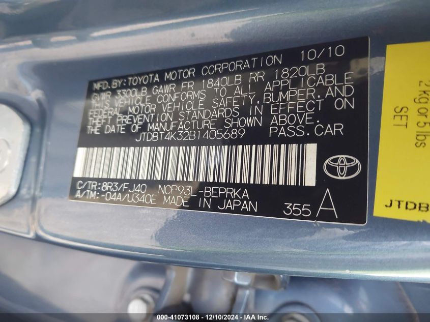 2011 TOYOTA YARIS VIN: JTDBT4K32B1405689