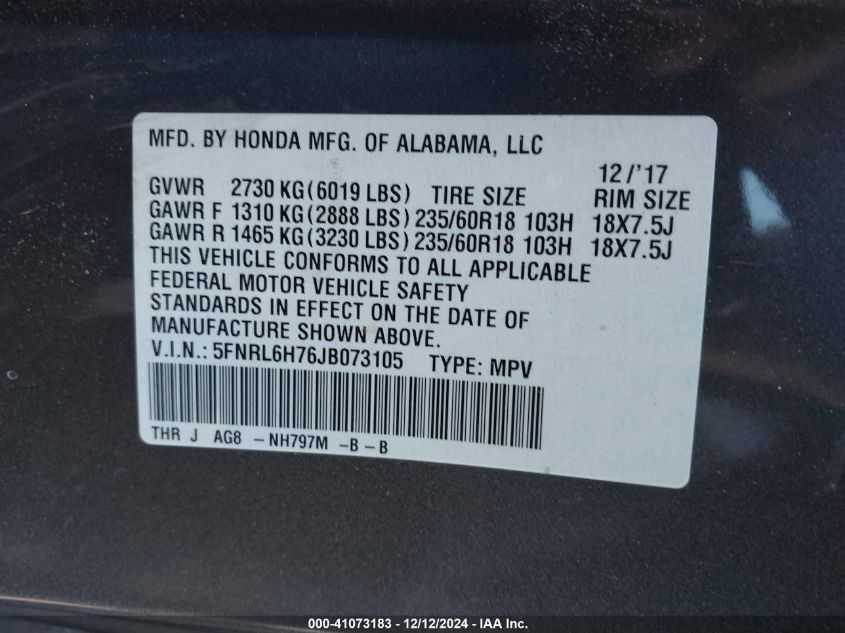 VIN 5FNRL6H76JB073105 2018 Honda Odyssey, Ex-L no.9