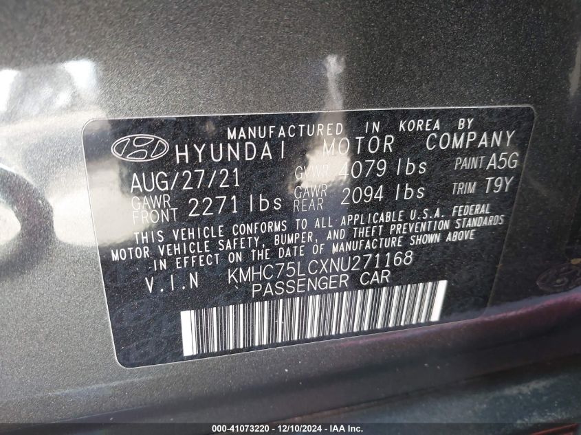 2022 Hyundai Ioniq Hybrid Se VIN: KMHC75LCXNU271168 Lot: 41073220