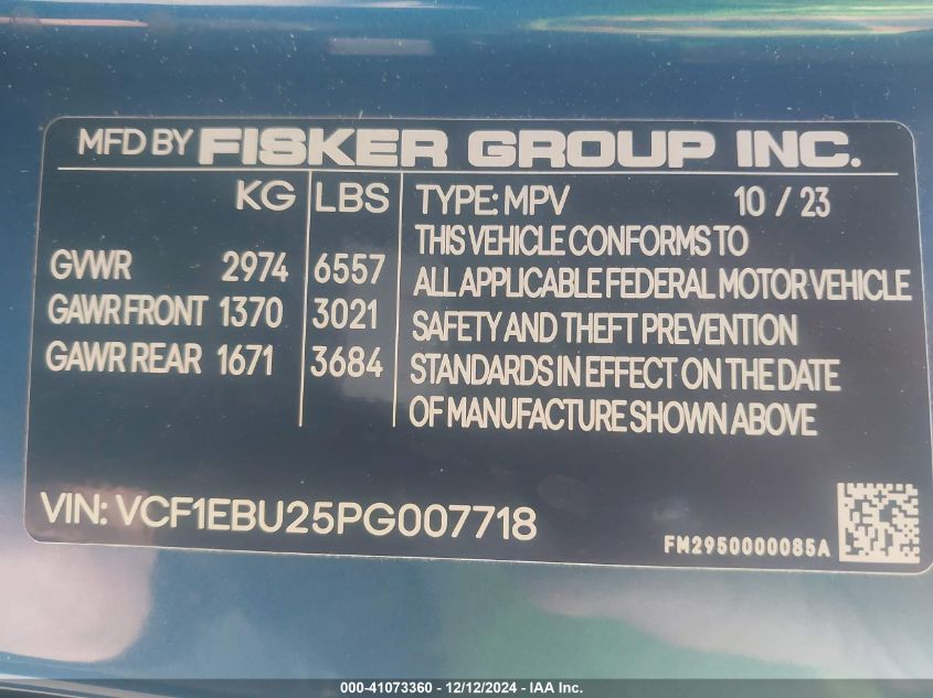 VIN VCF1EBU25PG007718 2023 Fisker Ocean, Extreme no.9