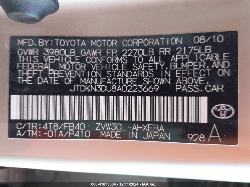 2010 TOYOTA PRIUS VIN: JTDKN3DU8A0223669