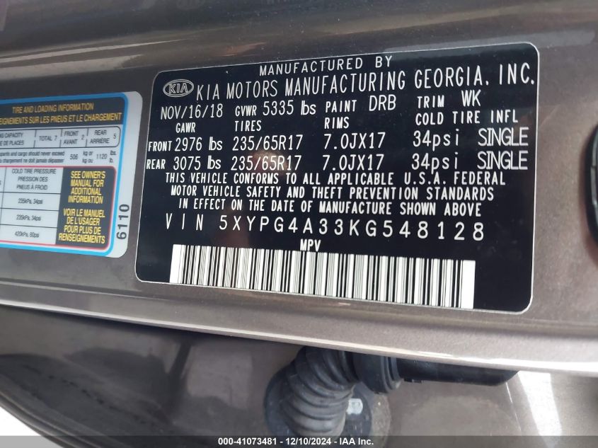 VIN 5XYPG4A33KG548128 2019 KIA SORENTO no.9