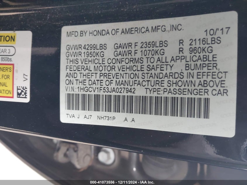 2018 HONDA ACCORD VIN: 1HGCV1F53JA027942
