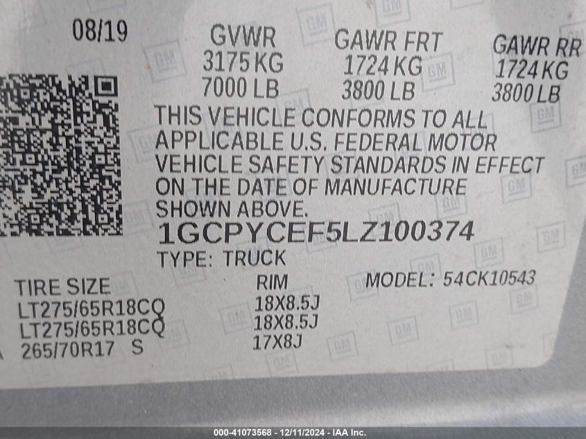 VIN 1GCPYCEF5LZ100374 2020 Chevrolet Silverado 1500... no.9