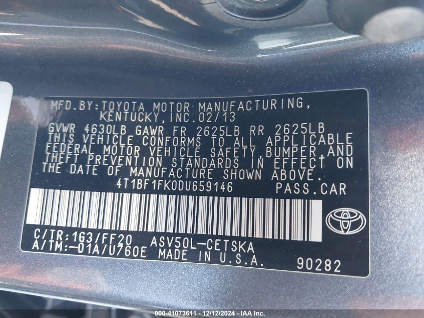 VIN 4T1BF1FK0DU659146 2013 Toyota Camry, SE no.9