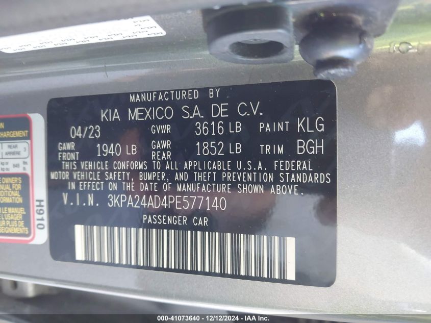 2023 Kia Rio S VIN: 3KPA24AD4PE577140 Lot: 41073640