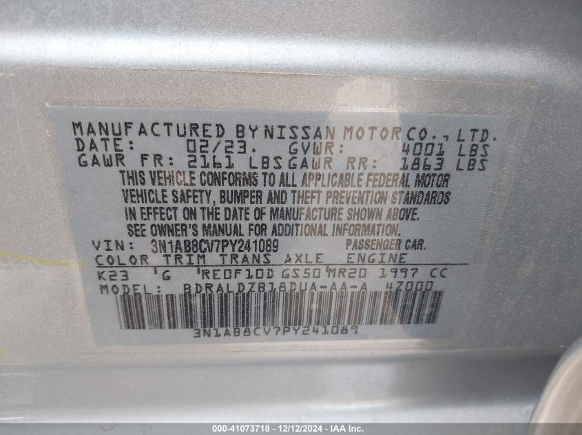 2023 Nissan Sentra Sv Xtronic Cvt VIN: 3N1AB8CV7PY241089 Lot: 41073718