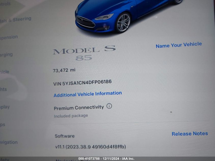 2013 Tesla Model S VIN: 5YJSA1CN4DFP06186 Lot: 41073788