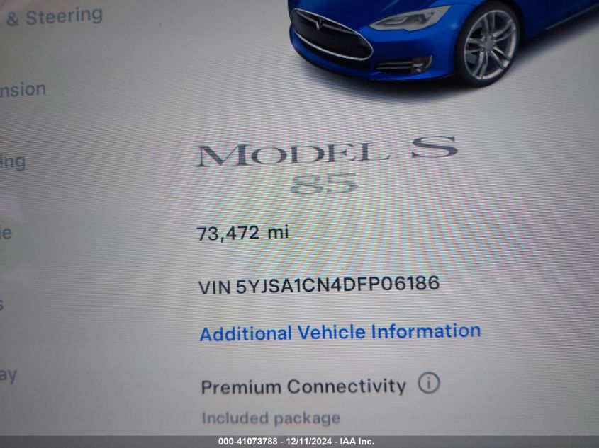 2013 Tesla Model S VIN: 5YJSA1CN4DFP06186 Lot: 41073788