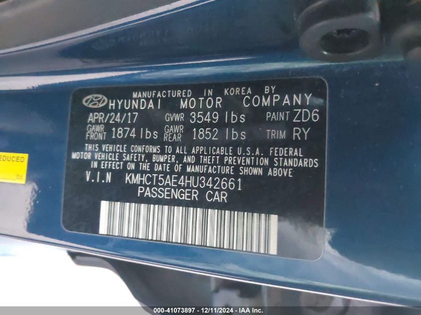 VIN KMHCT5AE4HU342661 2017 Hyundai Accent, SE no.9