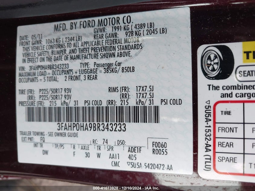 2011 FORD FUSION VIN: 3FAHP0HA9BR343233