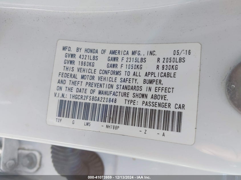 2016 HONDA ACCORD VIN: 1HGCR2F58GA220848