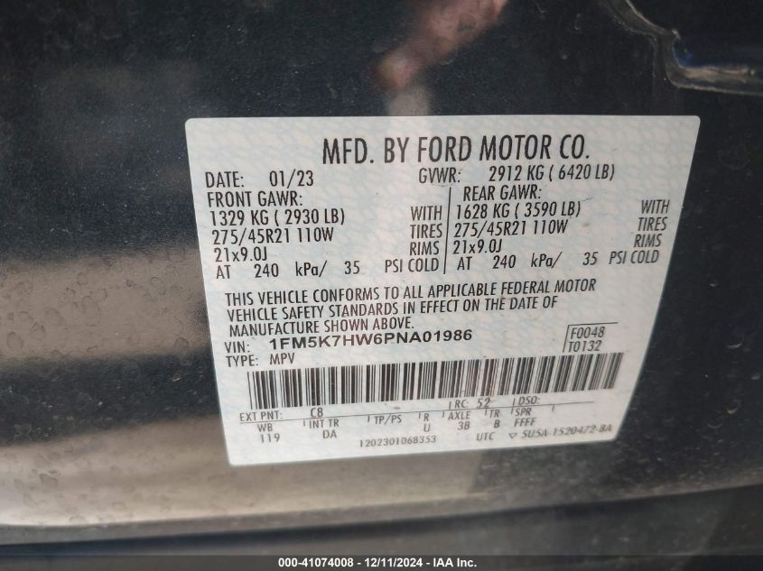 2023 Ford Explorer Platinum VIN: 1FM5K7HW6PNA01986 Lot: 41074008