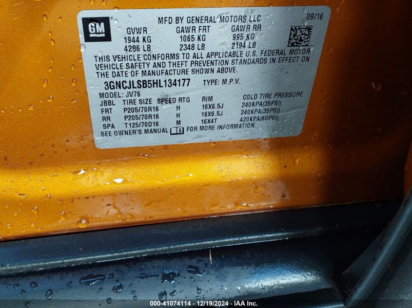 2017 CHEVROLET TRAX LT - 3GNCJLSB5HL134177