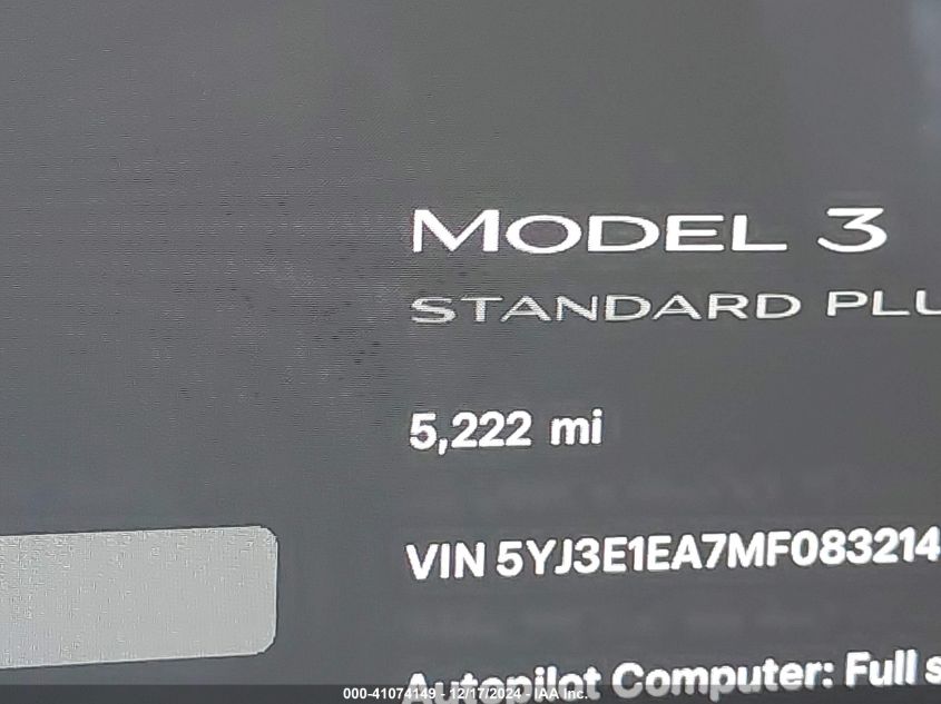 2021 Tesla Model 3 Standard Range Plus Rear-Wheel Drive VIN: 5YJ3E1EA7MF083214 Lot: 41074149