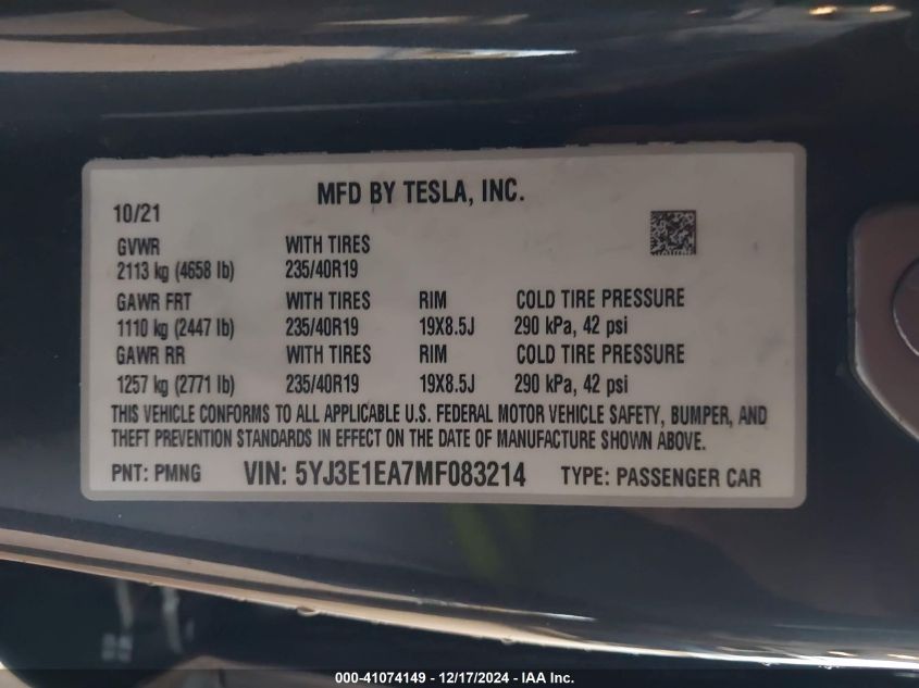 2021 Tesla Model 3 Standard Range Plus Rear-Wheel Drive VIN: 5YJ3E1EA7MF083214 Lot: 41074149