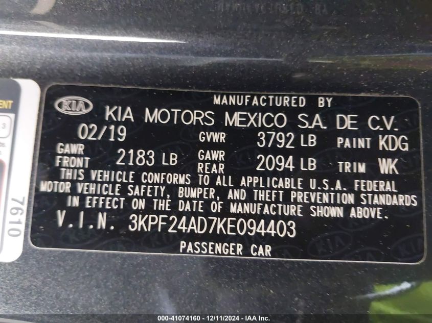 VIN 3KPF24AD7KE094403 2019 KIA FORTE no.9