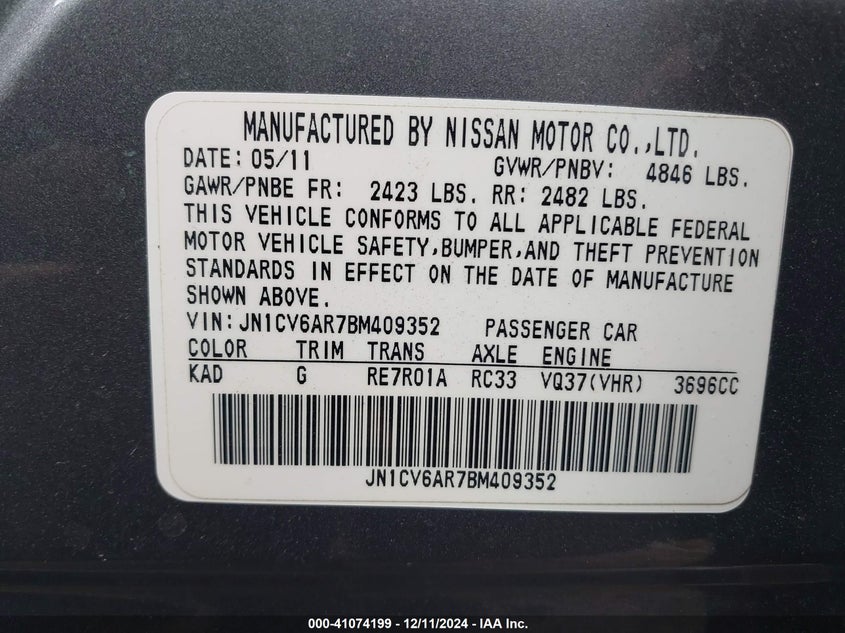 2011 INFINITI G37 VIN: JN1CV6AR7BM409352