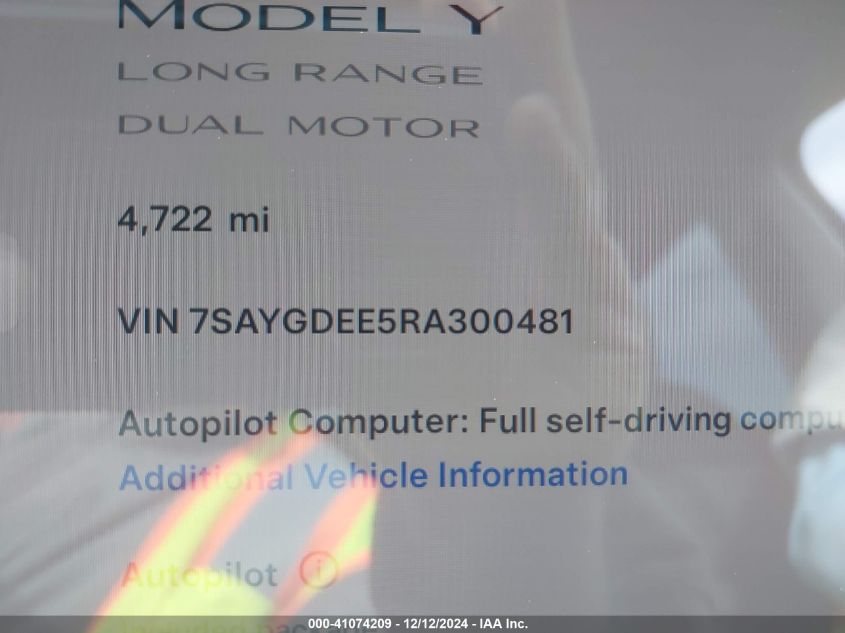 2024 Tesla Model Y Long Range Dual Motor All-Wheel Drive VIN: 7SAYGDEE5RA300481 Lot: 41074209