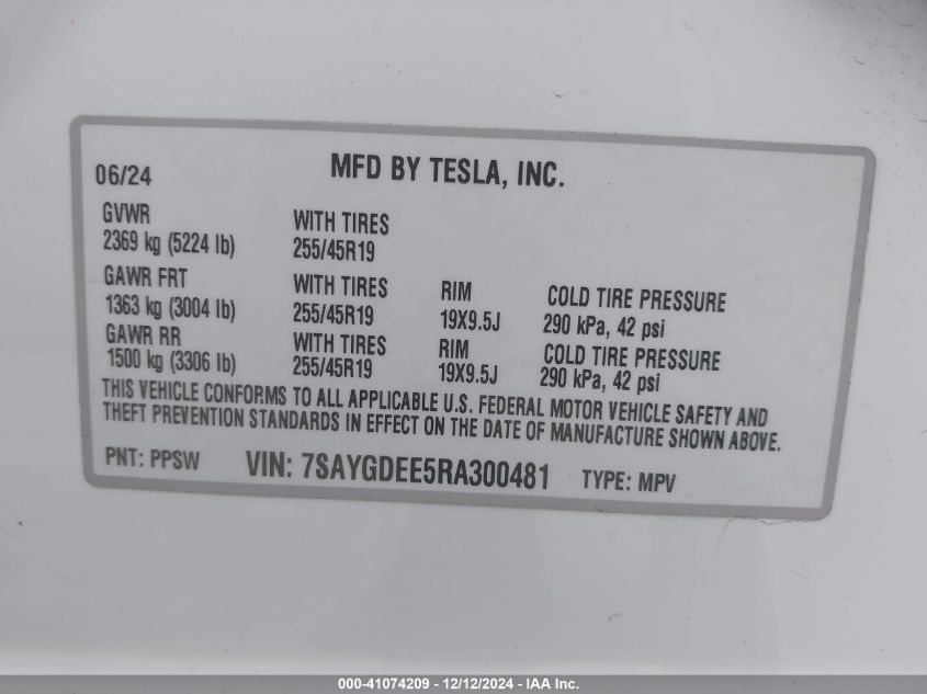 2024 Tesla Model Y Long Range Dual Motor All-Wheel Drive VIN: 7SAYGDEE5RA300481 Lot: 41074209