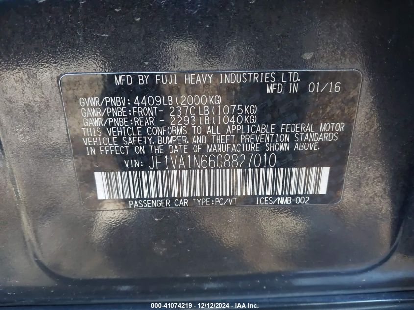 2016 SUBARU WRX VIN: JF1VA1N66G8827010