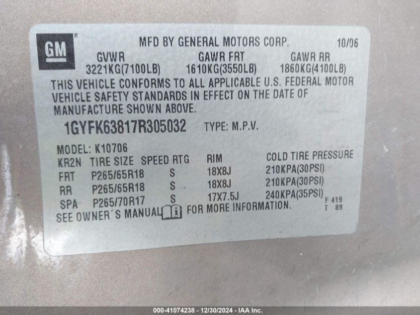 2007 Cadillac Escalade Standard VIN: 1GYFK63817R305032 Lot: 41074238