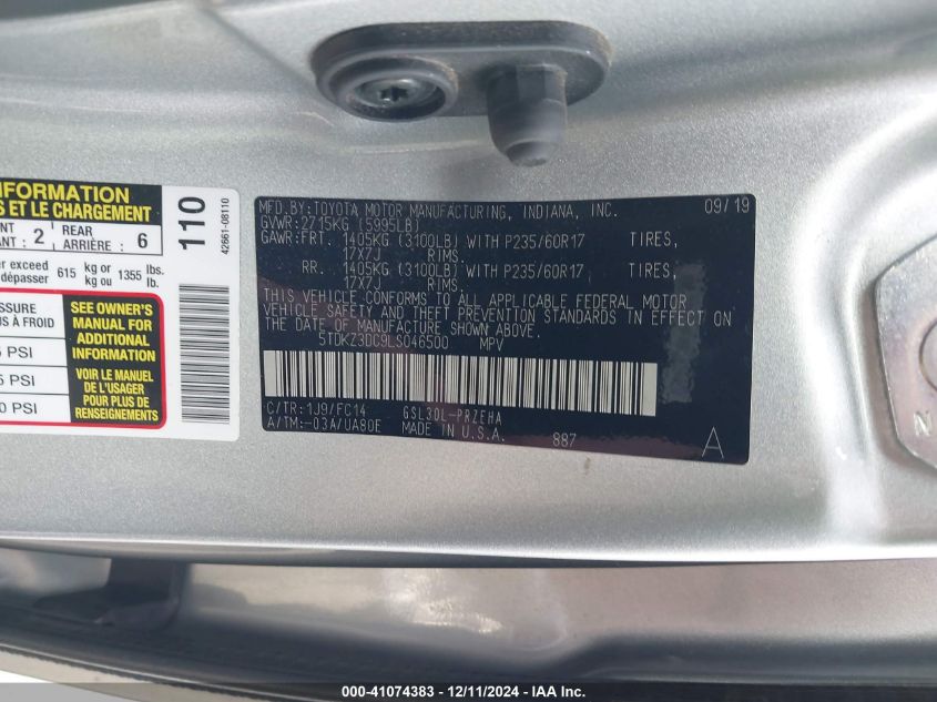 VIN 5TDKZ3DC9LS046500 2020 Toyota Sienna, LE no.9