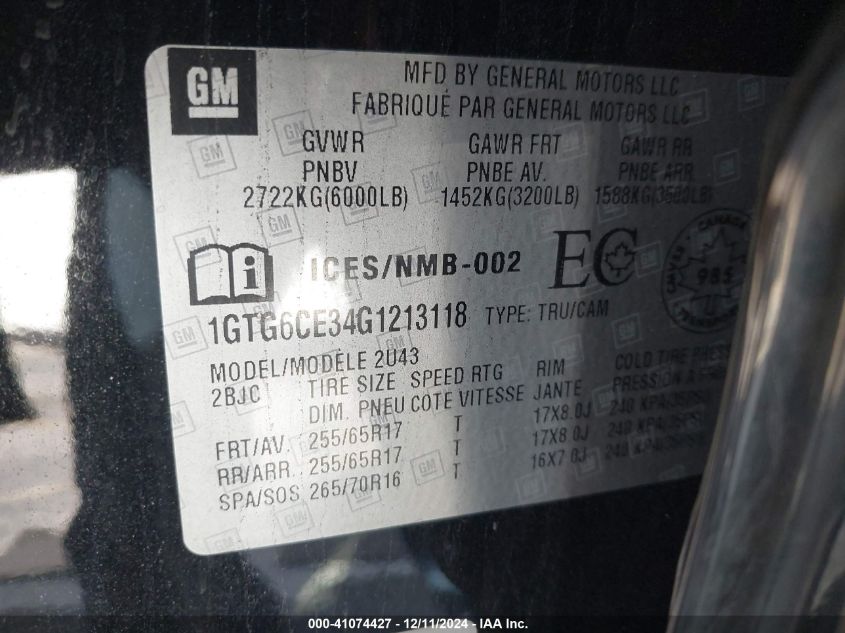 VIN 1GTG6CE34G1213118 2016 GMC Canyon, Sle no.9