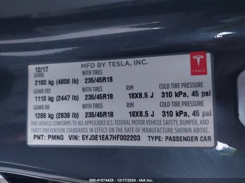 2017 Tesla Model 3 Long Range/Standard VIN: 5YJ3E1EA7HF002203 Lot: 41074428