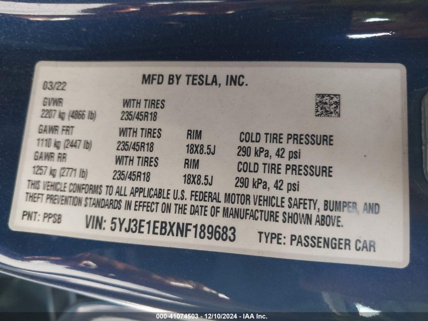 2022 Tesla Model 3 Long Range Dual Motor All-Wheel Drive VIN: 5YJ3E1EBXNF189683 Lot: 41074503