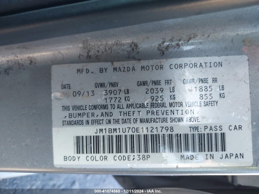 2014 MAZDA MAZDA3 VIN: JM1BM1U70E1121798