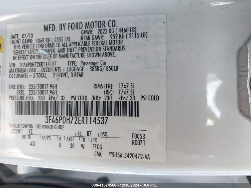 VIN 3FA6P0H72ER114537 2014 Ford Fusion, SE no.9