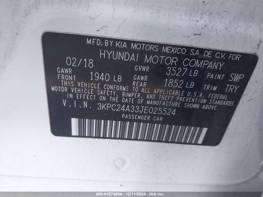 2018 HYUNDAI ACCENT VIN: 3KPC24A33JE025524