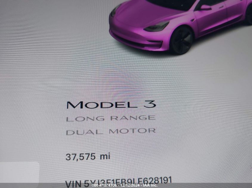 2020 Tesla Model 3 Long Range Dual Motor All-Wheel Drive VIN: 5YJ3E1EB9LF628191 Lot: 41074706