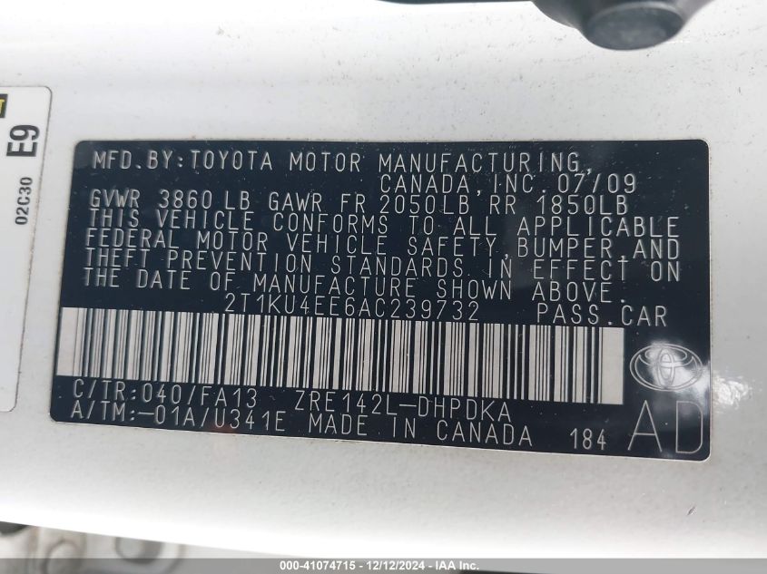 2010 Toyota Matrix VIN: 2T1KU4EE6AC239732 Lot: 41074715