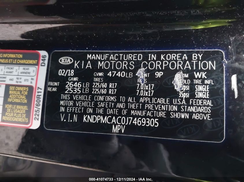 VIN KNDPMCAC0J7469305 2018 KIA SPORTAGE LX