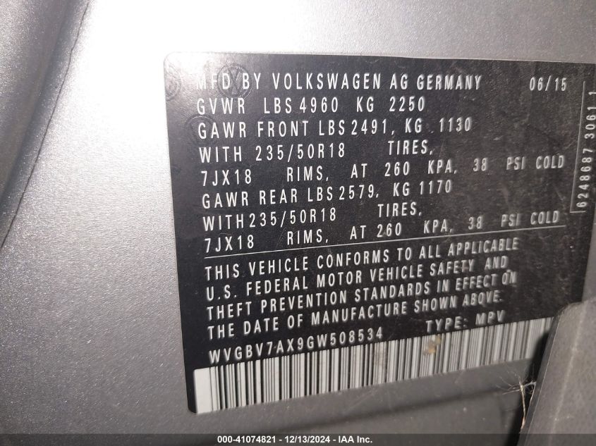 VIN WVGBV7AX9GW508534 2016 Volkswagen Tiguan, SE no.9