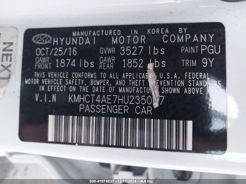 VIN KMHCT4AE7HU235047 2017 Hyundai Accent, SE no.9