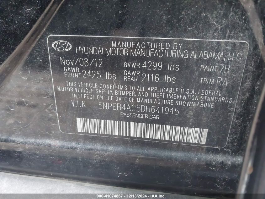 VIN 5NPEB4AC5DH641945 2013 Hyundai Sonata, Gls no.9