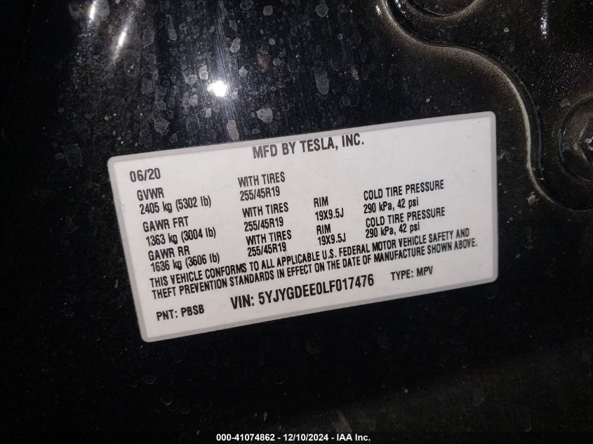 2020 Tesla Model Y Long Range Dual Motor All-Wheel Drive VIN: 5YJYGDEE0LF017476 Lot: 41074862