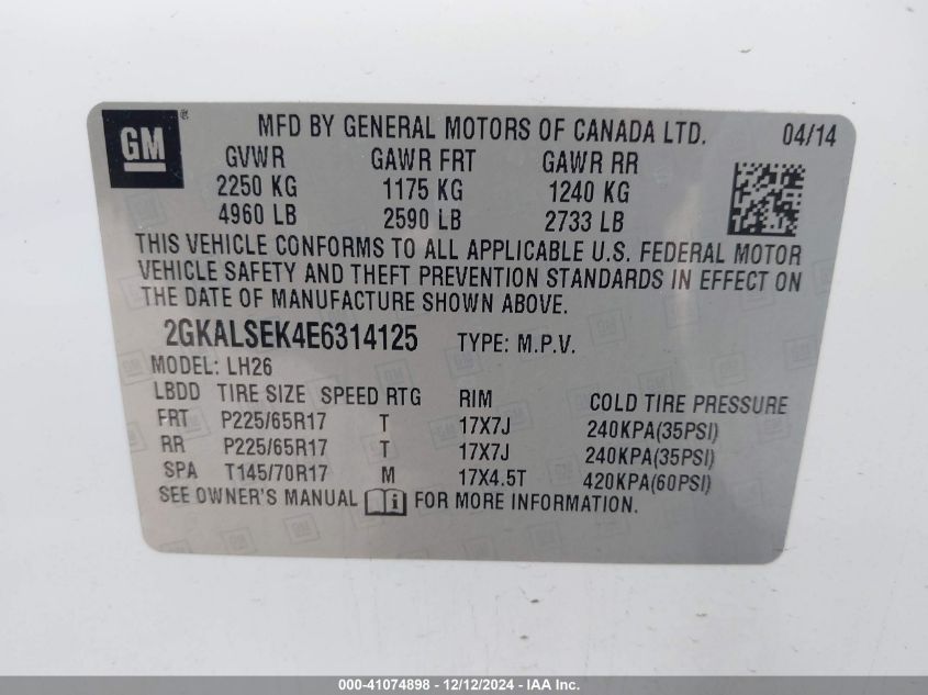 VIN 2GKALSEK4E6314125 2014 GMC Terrain, Slt-1 no.9