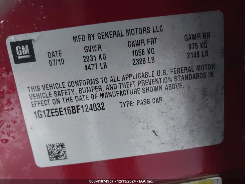 2011 CHEVROLET MALIBU VIN: 1G1ZE5E16BF124032