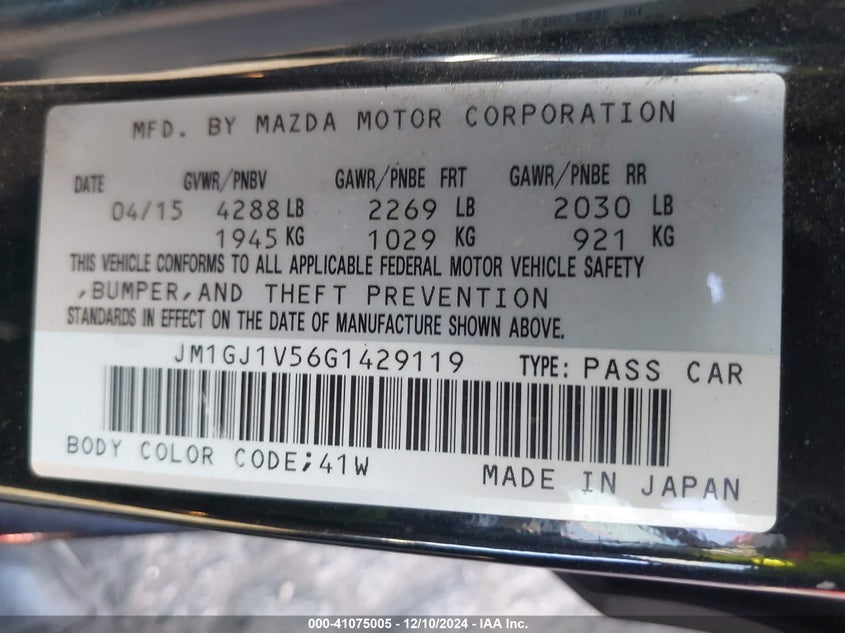 2016 MAZDA MAZDA6 VIN: JM1GJ1V56G1429119