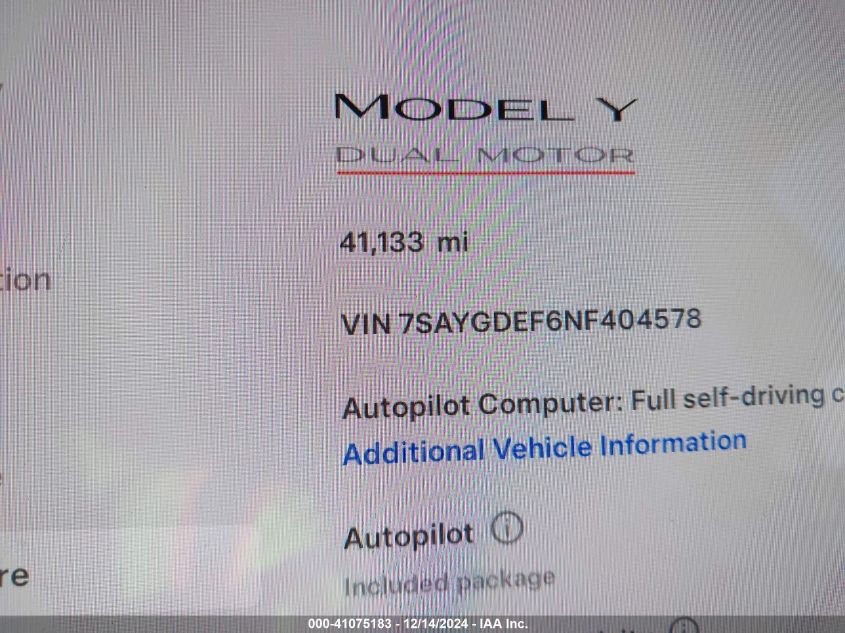 VIN 7SAYGDEF6NF404578 2022 TESLA MODEL Y no.14