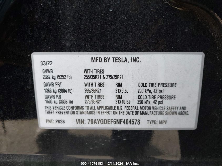 VIN 7SAYGDEF6NF404578 2022 TESLA MODEL Y no.9